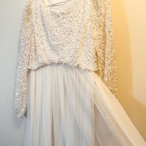 Maya maternity sequin tulle floor length dress, white